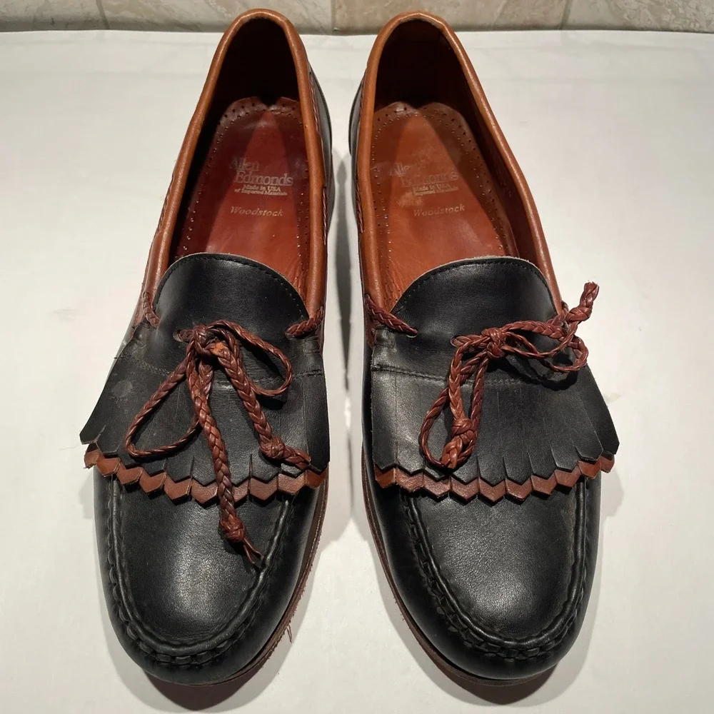 VTG Allen Edmonds Woodstock Black Brown Leather Kiltie Tassel Loafers Mens 12 D‎